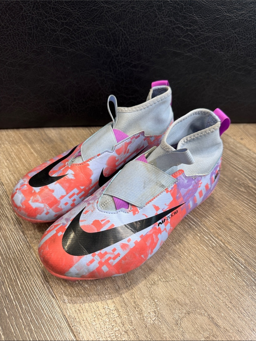 Nike Kids Coral Pink & Gray Soccer Sneakers with Black Swoosh